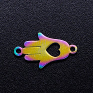 Ion Plating(IP) 201 Stainless Steel Links, Hamsa Hand/Hand of Fatima/Hand of Miriam with Heart, Rainbow Color, 16.5x9.5x1mm, Hole: 1.2mm(STAS-T040-JN233)