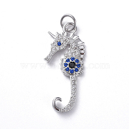 Brass Micro Pave Cubic Zirconia Pendants, Long-Lasting Plated, Sea Horse, Colorful, Real Platinum Plated, 26x11x2mm, Hole: 3.1mm(X-ZIRC-G160-54P)