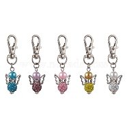 5Pcs 5 Colors Angel Polymer Clay Rhinestone Pendant Decorations, with Glass Pearl Beads and Alloy Swivel Lobster Claw Clasps, Mixed Color, 6.1cm, 1pc/color(HJEW-JM01745)