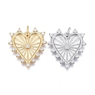 Brass Micro Pave Clear Cubic Zirconia Pendants, Long-Lasting Plated, with Jump Rings, Heart, Mixed Color, 21x19x2.5mm, Hole: 3mm(ZIRC-M108-29)