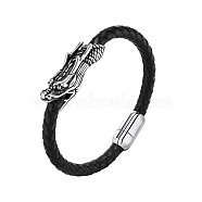 PU Leather Braided Bead Bracelet with Stainless Steel Dragon Head, Magnetic Clasp, Men's Bracelet Jewelry, Black, 8-1/4 inch(21cm)(PW-WG46959-01)