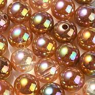 UV Plating Rainbow Iridescent Acrylic Beads, Round, Camel, 13.5x13mm, Hole: 3mm(OACR-F004-04C)