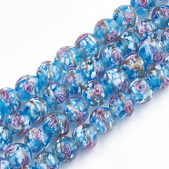 Handmade Gold Sand Lampwork Beads, Inner Flower, Round, Dodger Blue, 8~8.5x7~8mm, Hole: 1.5~2mm(LAMP-T006-10E)