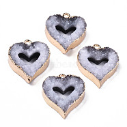 Natural Druzy Agate Pendants, Druzy Trimmed Stone, with Light Gold Plated Edge and Iron Loop, Heart, 21x18x6~7mm, Hole: 1.8mm(X-G-N326-65)