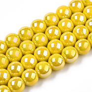 Electroplate Opaque Glass Beads Strands, AB Color Plated, Round, Gold, 8~8.5mm, Hole: 1.5mm, about 51~53pcs/strand, 14.96 inch~15.55 inch(38~39.7cm)(GLAA-T032-P8mm-AB08)