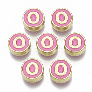 Alloy Enamel Beads, Cadmium Free & Nickel Free & Lead Free, Flat Round with Initial Letters, Light Gold, Letter.O, 8x4mm, Hole: 1.5mm(ENAM-S122-028O-NR)