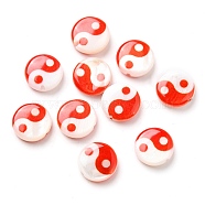 Printed Natural Freshwater Shell Beads, Yin Yang Flat Round Beads, Red, 8x2.5~3mm, Hole: 0.8mm(SHEL-R129-07A-02)