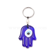 Handmade Lampwork Blue Evil Eye Keychain Key Ring, Natural Pearl Bead Lucky Eyes Charm for Good Luck and Protection, Hamsa Hand, Palm, 9.3cm, Pendant: 50x36x6mm(KEYC-JKC00385-04)