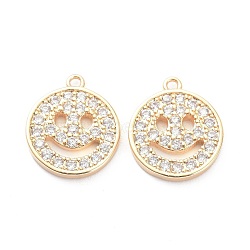 Brass Micro Pave Clear Cubic Zirconia Charms Pendants, Long-Lasting Plated, Flat Round with Smiling Face, Real 14K Gold Plated, 13.5x11.5x1.5mm, Hole: 1.2mm(ZIRC-K086-26G)