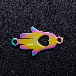 Ion Plating(IP) 201 Stainless Steel Links, Hamsa Hand/Hand of Fatima/Hand of Miriam with Heart, Rainbow Color, 16.5x9.5x1mm, Hole: 1.2mm(STAS-T040-JN233)