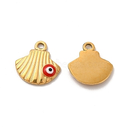 Vacuum Plating 201 Stainless Steel Pendants, Shell Charms with Enamel Evil Eye, Real 18K Gold Plated, Red, 16.5x16x2mm, Hole: 2mm(STAS-J401-VF654-2)
