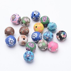 Handmade Flower Pattern Polymer Clay Beads, Round, Mixed Color, 9~10mm, Hole: 1~2mm(CLAY-Q174-M)