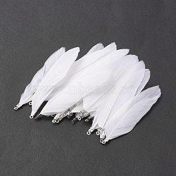 (Defective Closeout Sale: Oxidized), Goose Feather Pendants, Big Pendants, with Iron Findings, Platinum, Dyed, White, 75x22x1.5mm, Hole: 1.4mm(FIND-XCP0001-88)