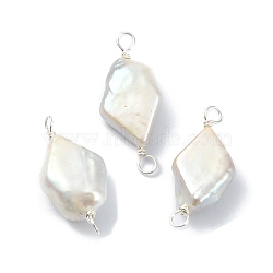 Natural Baroque Pearl Keshi Pearl Copper Wire Wrapped Connector Charms, Cultured Freshwater Pearl Rhombus Links, Silver, 24~28x9~11.5x4.5~6mm, Hole: 3mm(PALLOY-JF02085-03)