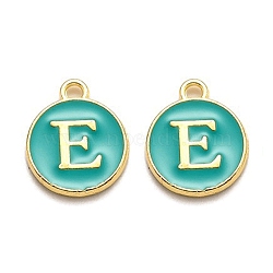 Golden Plated Alloy Enamel Charms, Enamelled Sequins, Flat Round with Alphabet, Letter.E, Green, 14x12x2mm, Hole: 1.5mm(ENAM-Q437-15E)