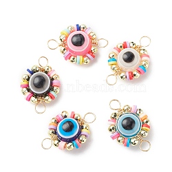 Evil Eye Plastic Copper Wire Wrapped Connector Charms, with Handmade Polymer Clay Beads, Real 18K Gold Plated, Mixed Color, 31x20x12mm, Hole: 4.5mm(PALLOY-JF01937)