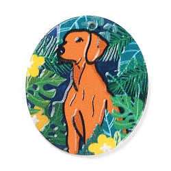 Acrylic Pendants, Oval with Dog Pattern, Coral, 39.5x34x2mm, Hole: 2mm(MACR-C020-02B)