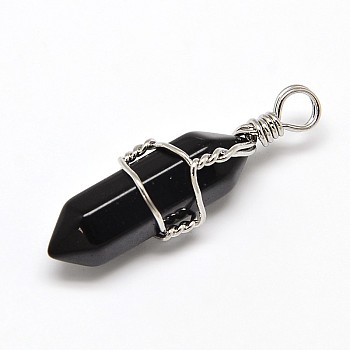 Faceted Bullet Natural Black Agate Double Terminated Pointed Pendants, with Platinum Plated Brass Findings, 39~44x10~12mm, Hole: 3.5mm