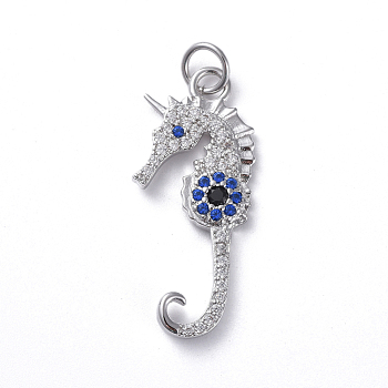 Brass Micro Pave Cubic Zirconia Pendants, Long-Lasting Plated, Sea Horse, Colorful, Real Platinum Plated, 26x11x2mm, Hole: 3.1mm