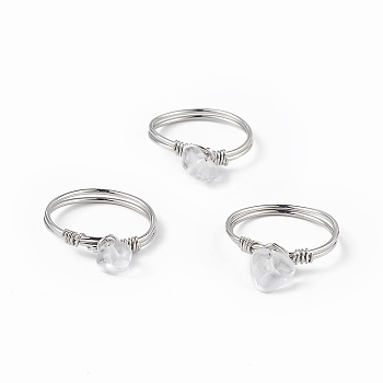 Natural Quartz Crystal Chips Finger Ring, Platinum Brass Wire Wrap Jewelry for Women, Inner Diameter: 18mm