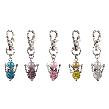5Pcs 5 Colors Angel Polymer Clay Rhinestone Pendant Decorations, with Glass Pearl Beads and Alloy Swivel Lobster Claw Clasps, Mixed Color, 6.1cm, 1pc/color