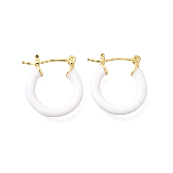 Brass Enamel Hoop Earrings for Women, Flat Round, Light Gold, White, 20x19.5x4mm, Pin: 0.8mm