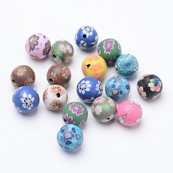 Handmade Flower Pattern Polymer Clay Beads, Round, Mixed Color, 9~10mm, Hole: 1~2mm