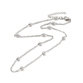 304 Stainless Steel Singapore Chain Necklace with Beads for Men Women, Stainless Steel Color, 15.6 inch(39.5cm)