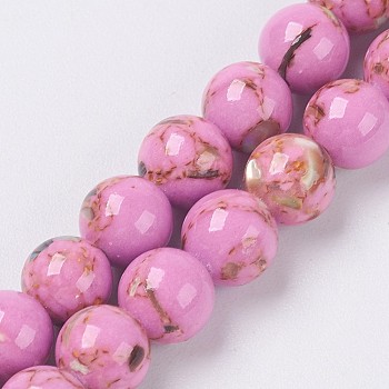 Sea Shell and Synthetic Turquoise Assembled Beads Strands, Round, Flamingo, 8~9mm, Hole: 1.2mm, about 49~50pcs/strand, 15.3~15.7 inch(39~40cm)