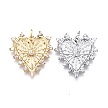 Brass Micro Pave Clear Cubic Zirconia Pendants, Long-Lasting Plated, with Jump Rings, Heart, Mixed Color, 21x19x2.5mm, Hole: 3mm