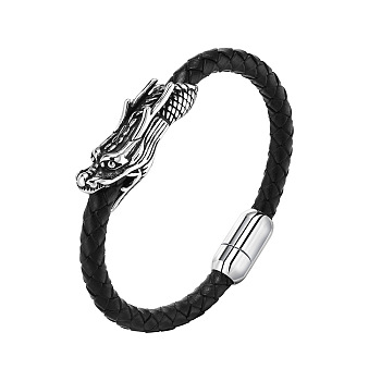 PU Leather Braided Bead Bracelet with Stainless Steel Dragon Head, Magnetic Clasp, Men's Bracelet Jewelry, Black, 8-1/4 inch(21cm)