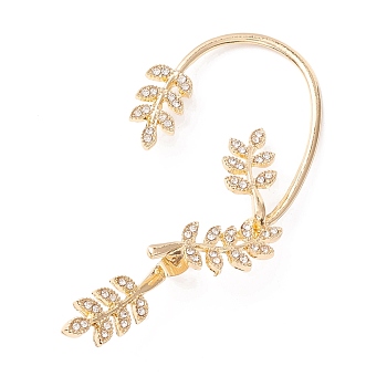 Leaf Crystal Rhinestone Alloy Ear Cuffs with Piercing, Alloy Wrap Stud Earrings for Women, Golden, 71x35x16mm, Pin: 0.5mm