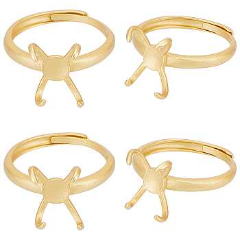 4Pcs Adjustable Brass Ring Components, 4 Claw Prong Ring Settings, Real 18K Gold Plated, Tray: 8mm