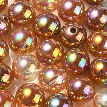 UV Plating Rainbow Iridescent Acrylic Beads, Round, Camel, 13.5x13mm, Hole: 3mm