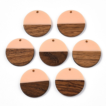 Resin & Wood Pendants, Flat Round, Peachpuff, 28.5x3.5~4mm, Hole: 1.5mm