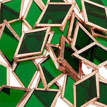 30Pcs Colored Glass Mosaic Tiles, with Rose Gold Brass Edge, for Mosaic Wall Art, Turkish Lamps, Rhombus, Dark Green, 24.5~25x14.5~15x3mm