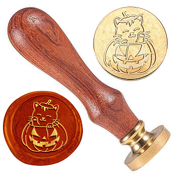 Wax Seal Stamp Set, Golden Tone Brass Sealing Wax Stamp Head, with Wood Handle, for Envelopes Invitations, Cat Shape, 83x22mm, Stamps: 25x14.5mm