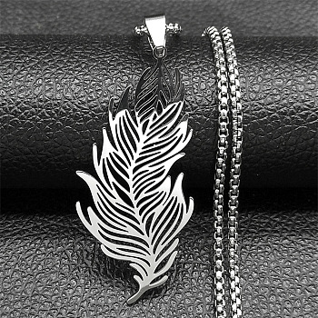 304 Stainless Steel Feather Pendant Necklaces, Non-Tarnish, Stainless Steel Color, 23.62 inch(60cm)