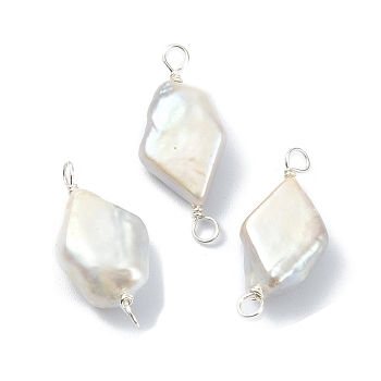 Natural Baroque Pearl Keshi Pearl Copper Wire Wrapped Connector Charms, Cultured Freshwater Pearl Rhombus Links, Silver, 24~28x9~11.5x4.5~6mm, Hole: 3mm
