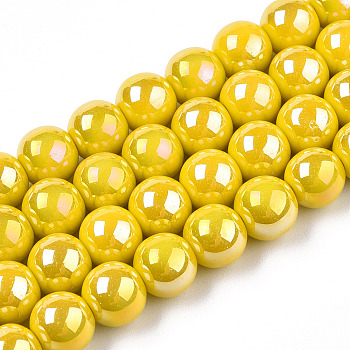 Electroplate Opaque Glass Beads Strands, AB Color Plated, Round, Gold, 8~8.5mm, Hole: 1.5mm, about 51~53pcs/strand, 14.96 inch~15.55 inch(38~39.7cm)