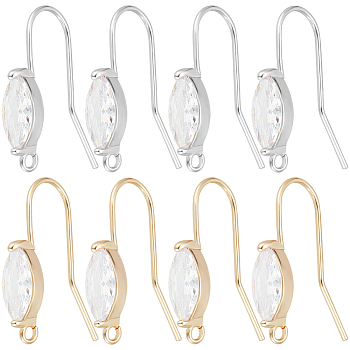 20Pcs 2 Colors Brass Earring Hooks, with Cubic Zirconia and Horizontal Loop, Horse Eye, Clear, Nickel Free, Real Gold Plated & Real Platinum Plated, 21~23x14~17x5mm, Pin: 0.8mm, Hole: 1.5mm, 10Pcs/color