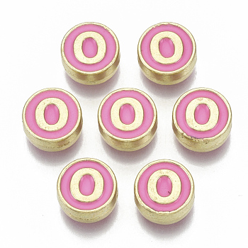 Alloy Enamel Beads, Cadmium Free & Nickel Free & Lead Free, Flat Round with Initial Letters, Light Gold, Letter.O, 8x4mm, Hole: 1.5mm