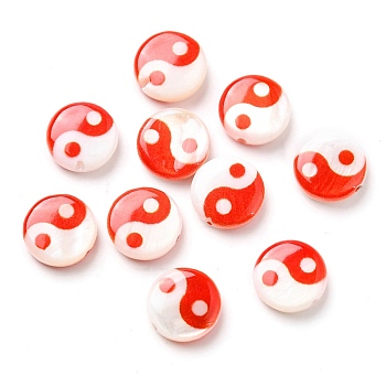 Printed Natural Freshwater Shell Beads, Yin Yang Flat Round Beads, Red, 8x2.5~3mm, Hole: 0.8mm