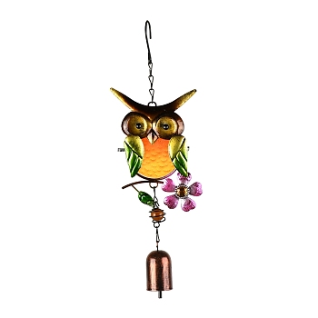 Spray Painted Iron Wind Chimes, Small Wind Bells Handmade Glass Pendants, Owl, Colorful, 328mm