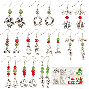 Christmas Theme DIY Earring Making Kit, Including Glass Pearl Beads, Brass Earring Hooks, Wreath & Bell & Candy Cane & Reindeer Alloy Links & Pendants, Mixed Color, 114Pcs/box