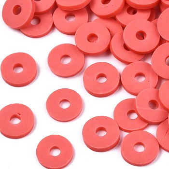 Handmade Polymer Clay Beads, Disc/Flat Round, Heishi Beads, Orange Red, 8x0.5~1mm, Hole: 2mm, about 13000pcs/1000g