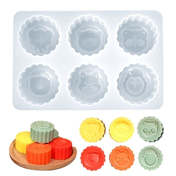 Flower with Animal Pattern Food Grade Silicone Molds, for Mooncake Making, 6 Cavities, White, 118x175x34.5mm, Inner Diameter: 48mm