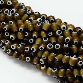 Handmade Evil Eye Lampwork Round Bead Strands, Olive, 6mm, Hole: 1mm, about 65pcs/strand, 14.17 inch
