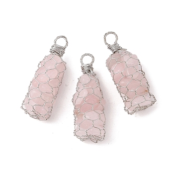 Rack Plating Copper Wire Wrapped Natural Rose Quartz Chip Big Pendants, Macrame Gems Charms, Cadmium Free & Lead Free, Platinum, 45.5~56x17~20x17~22mm, Hole: 5~6.5mm