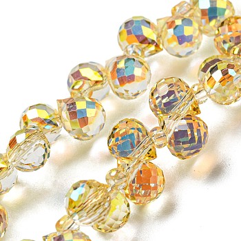 Transparent Electroplate Glass Beads Strands, Rainbow Plated, Faceted, Teardrop, Lemon Chiffon, 6x5x5mm, Hole: 0.8mm, about 108pcs/strand, 16.14''(41cm)